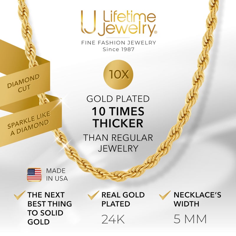 LIFETIME JEWELRY 5mm White Gold Chain for Men & Women 24k Real Gold Plated Diamond Cut Gold Rope Chain for Men & Gold Chain Necklace Women 16 to 36 Inch (20 inches, Gold) - Image 2